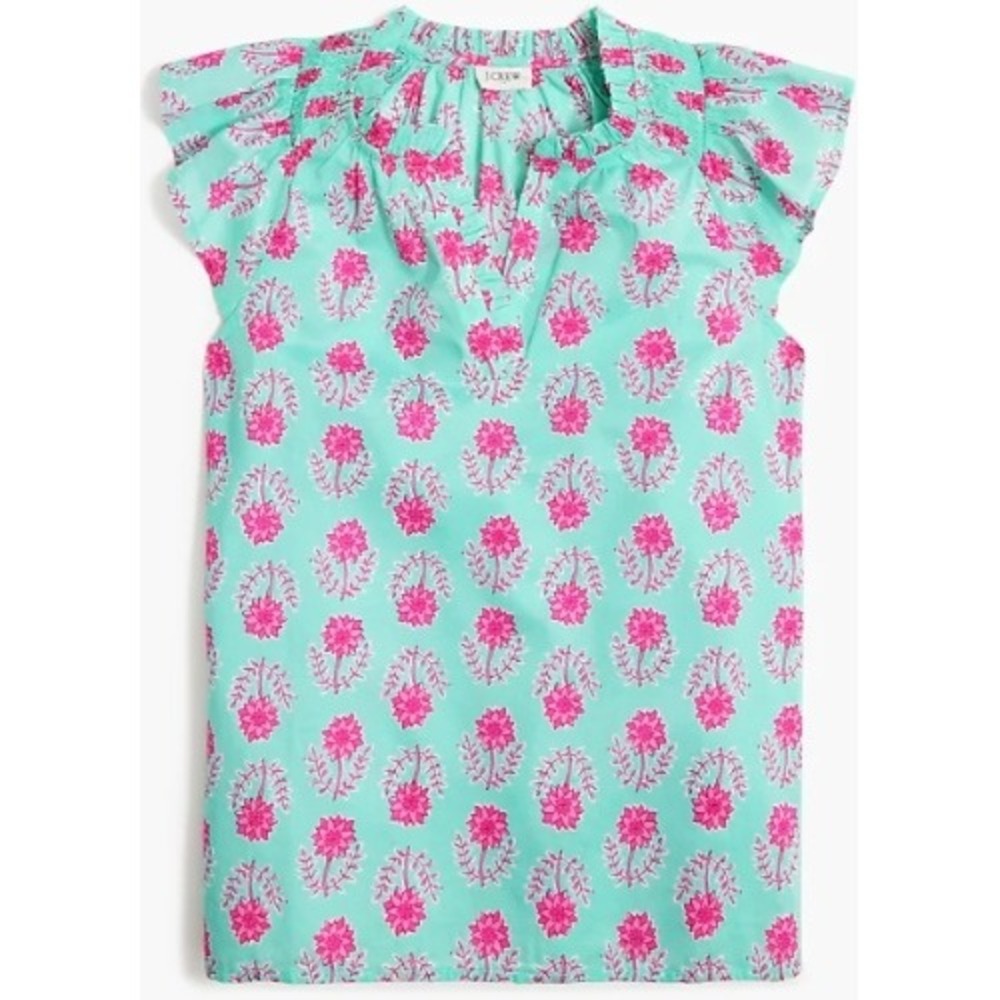 J. Crew Aqua Pink Floral Smocked Flutter Sleeve V-Neck Blouse Top XS NWT $80